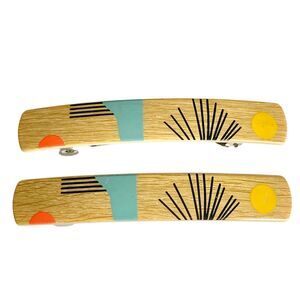 Stay Tight French Barrette Set of 2 Beige Wood Acrylic 3.5" Long Hair Pop Art